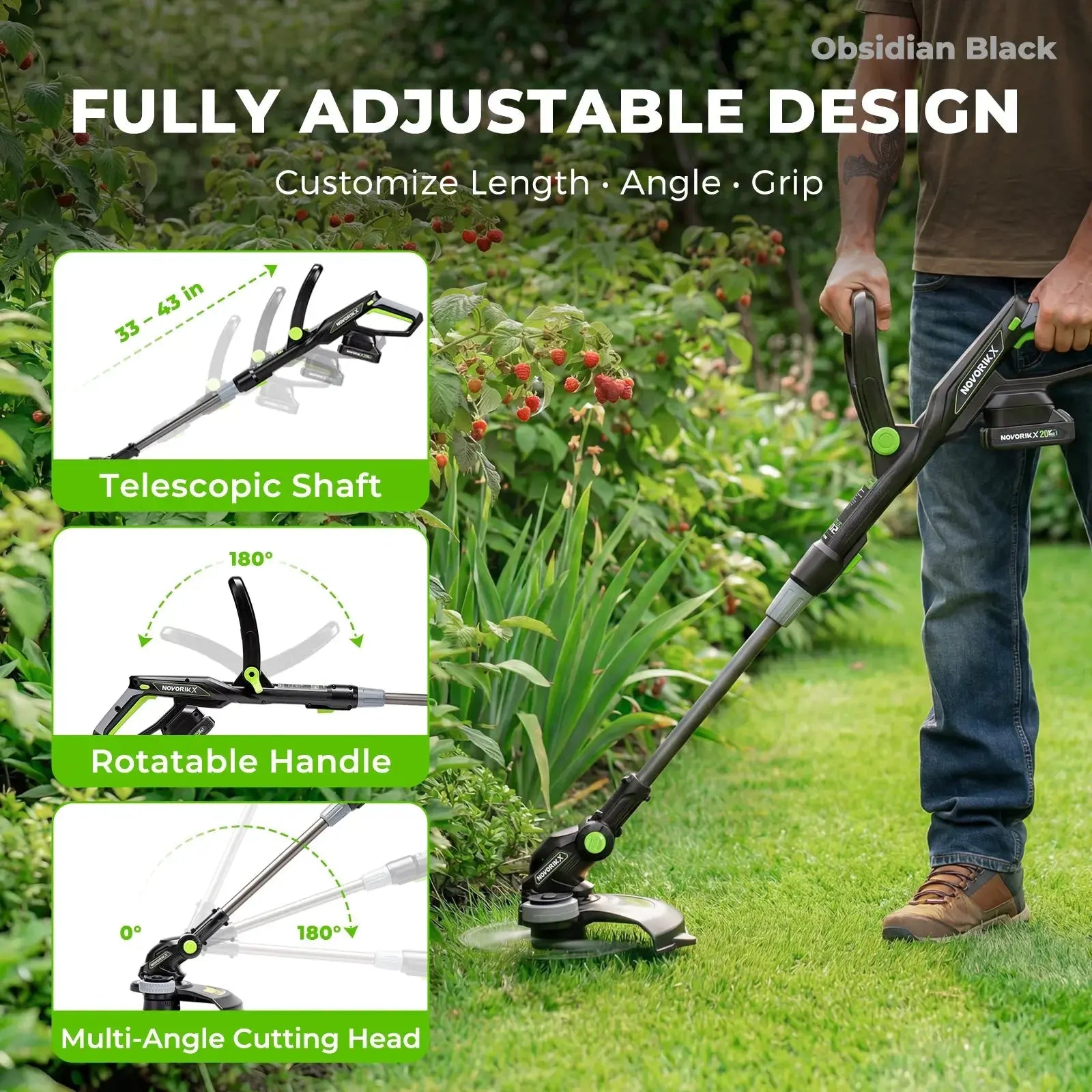 NovorikX Obsidian Black 20V Cordless 12-Inch Telescopic String Trimmer Kit  NovorikX